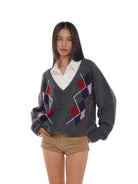 SweetChilling Argyle Jacquard V Neck Sweater in Gray - On Female Model