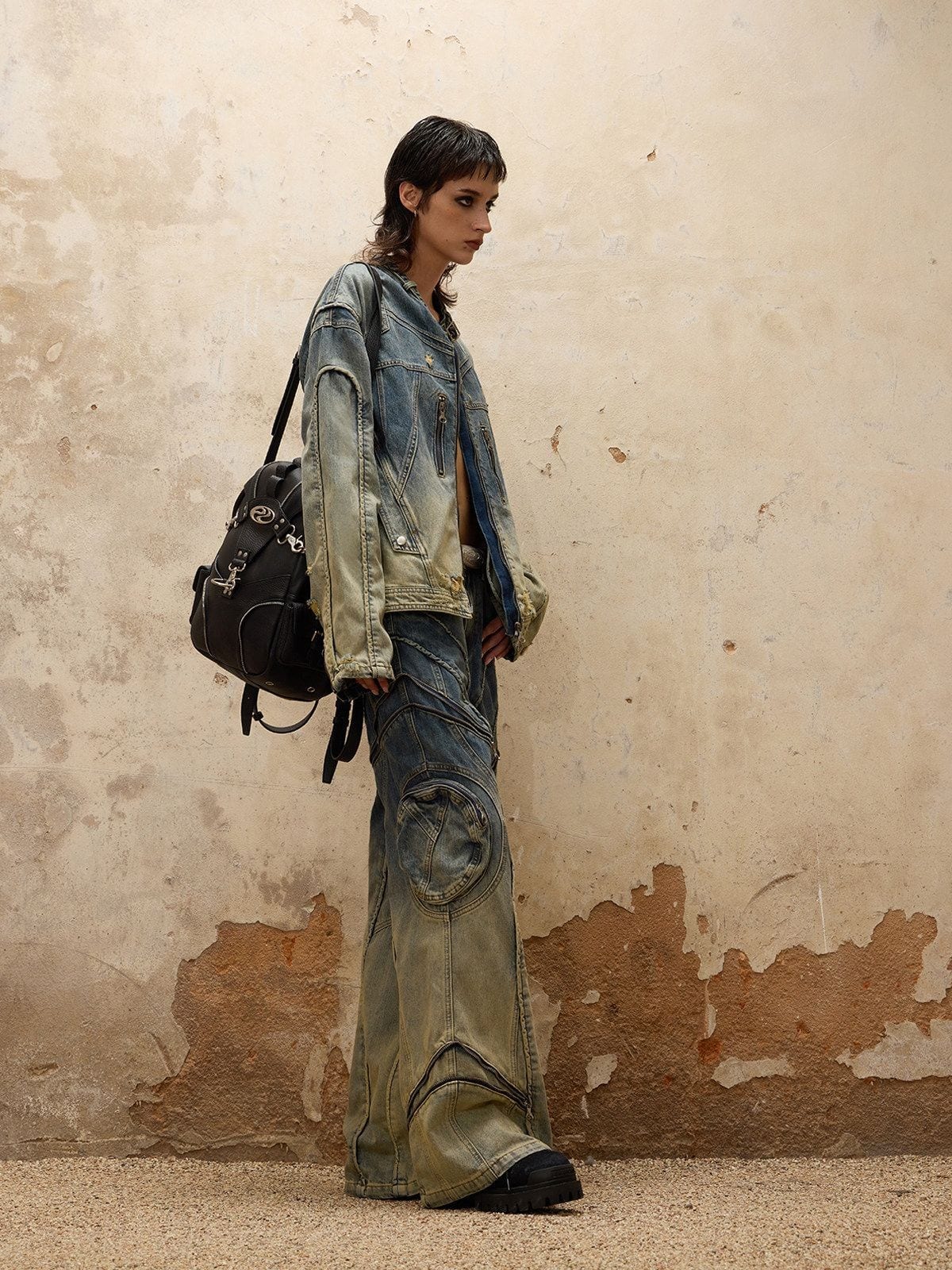 PERSONSOUL Gradient Distressed Denim Jacket in Denim - On Female Model