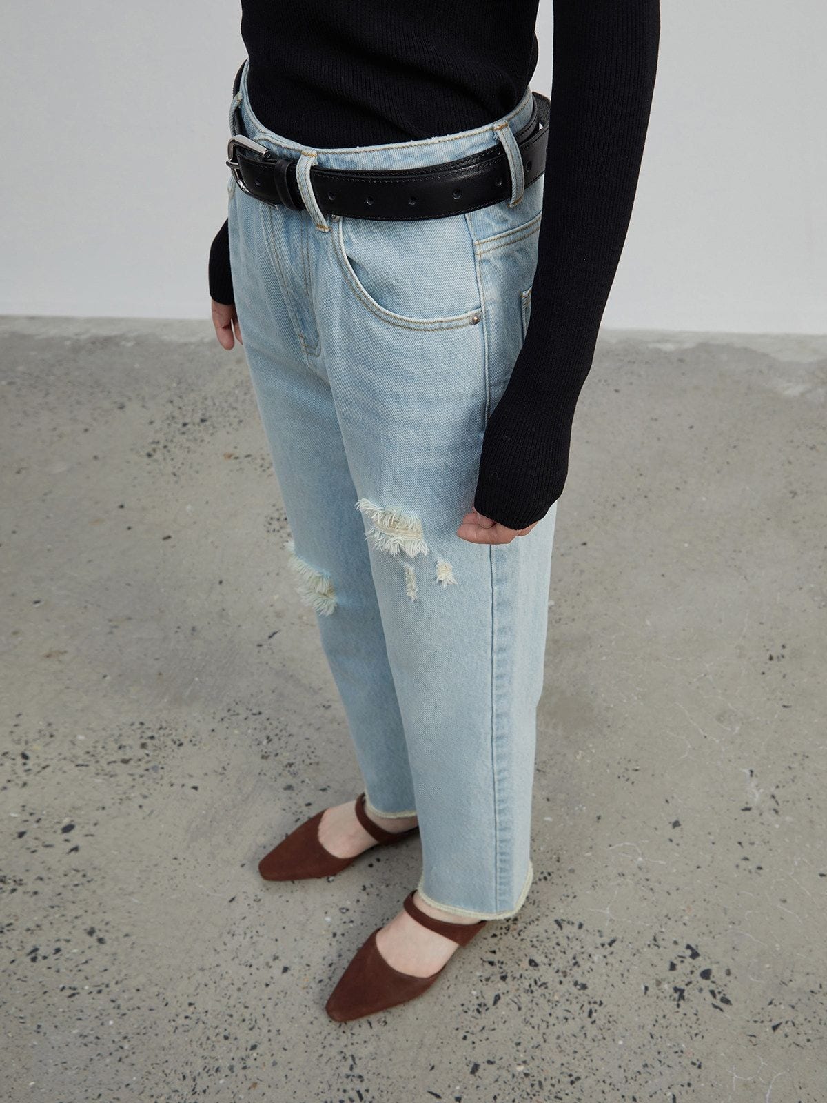 MSBEAST Distressed Turkish Denim Cropped Jeans in Sky Blue - On Model
