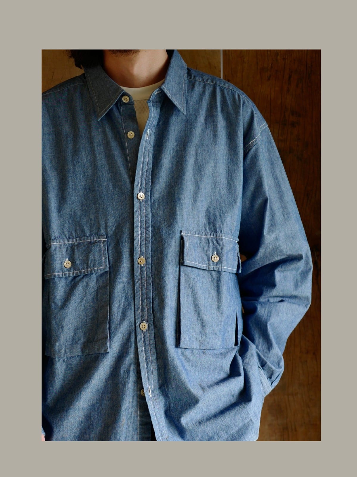 USAGE Cotton Chambray Safari Shirt in Denim - On Male Model