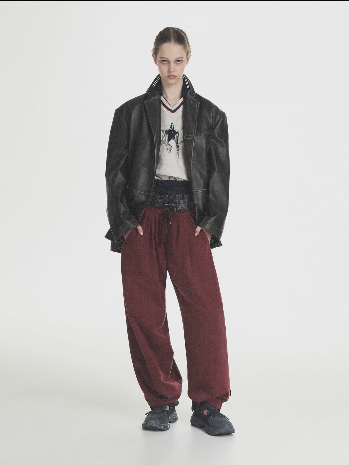 MASONPRINCE Wide Leg Inverted Pleat Sweatpants in Burgundy - On Female Model