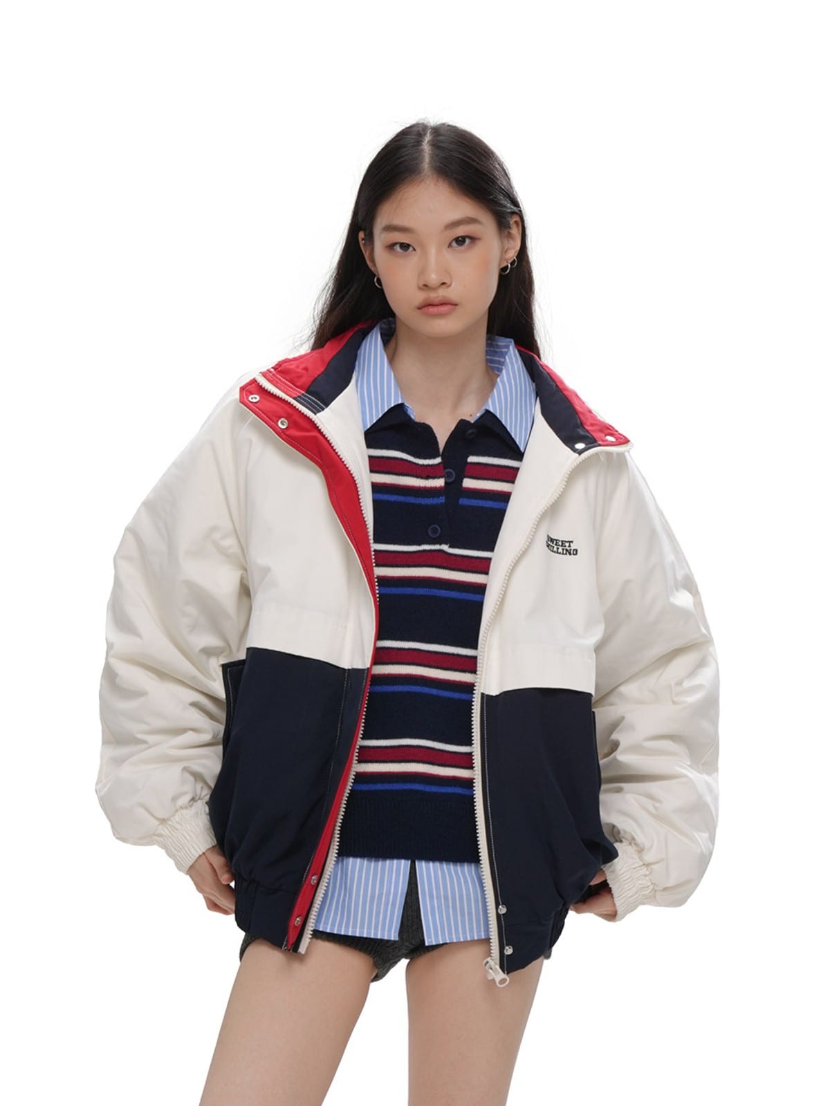 SweetChilling Color Block Quilted Jacket in Navy Blue - On Female Model