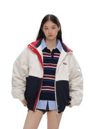 SweetChilling Color Block Quilted Jacket in Navy Blue - On Female Model