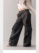 BeerBro Leopard Print Spliced Cargo Pants in Coffee - On Female Model