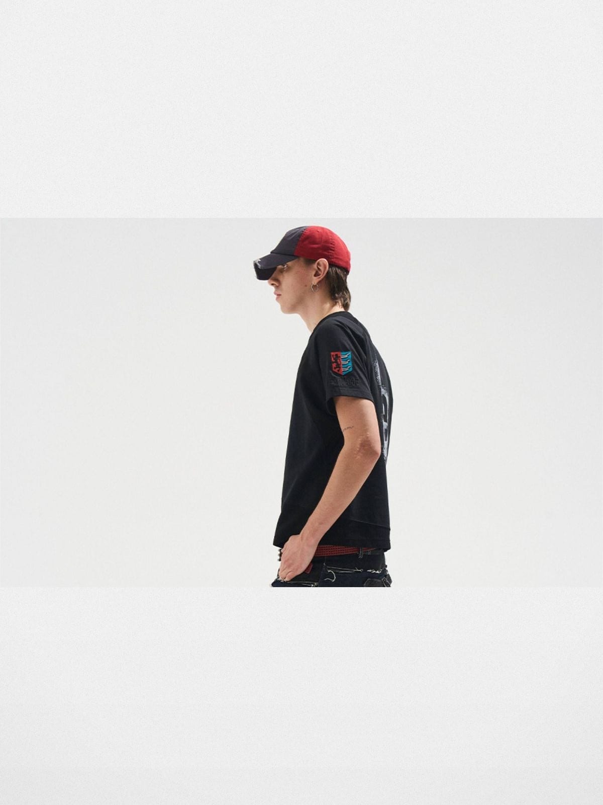 BLINDNOPLAN Sorona Panelled Graphic T Shirt in Black - On Male Model
