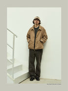 USAGE Textured Nep Blouson Jacket in Beige - On Male Model
