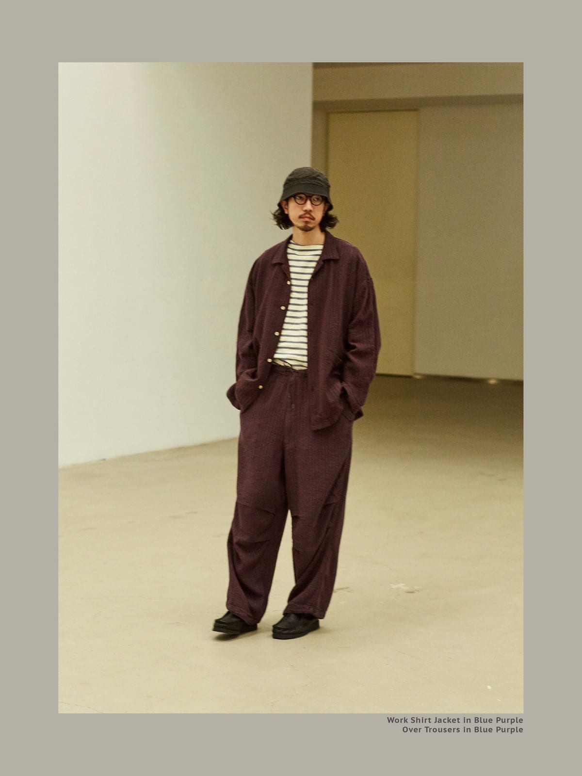 USAGE Textured Cotton Ramie Work Shirt in Purple - On Male Model