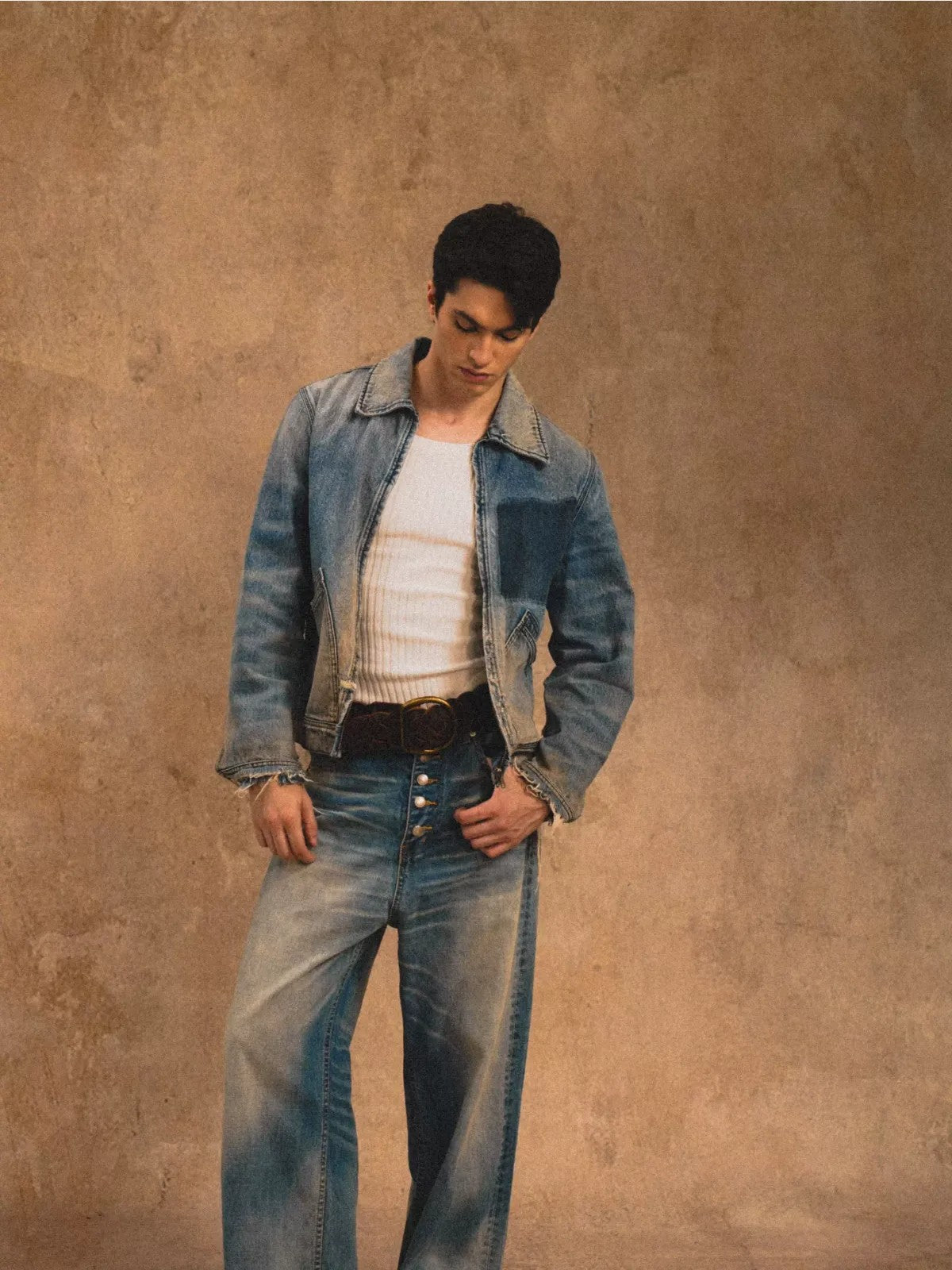Retro 21 Gradient Distressed Denim Zip Jacket in Blue - On Male Model