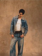 Retro 21 Gradient Distressed Denim Zip Jacket in Blue - On Male Model