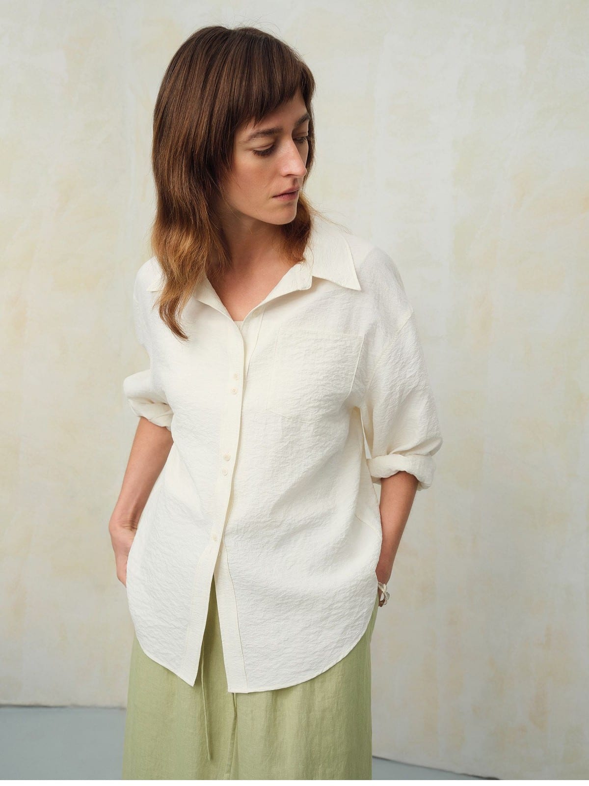 TEASEL Crinkled Silk Blend Short Sleeve Top in White - On Female Model