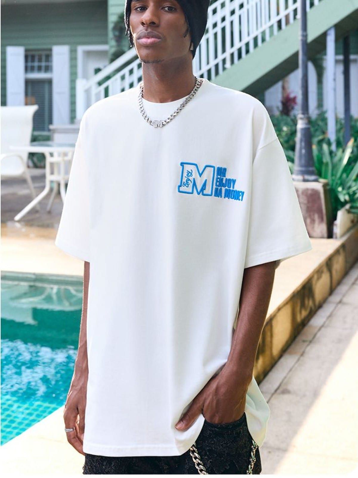 MEDM Half Sleeve Cotton Logo T Shirt in White - On Male Model