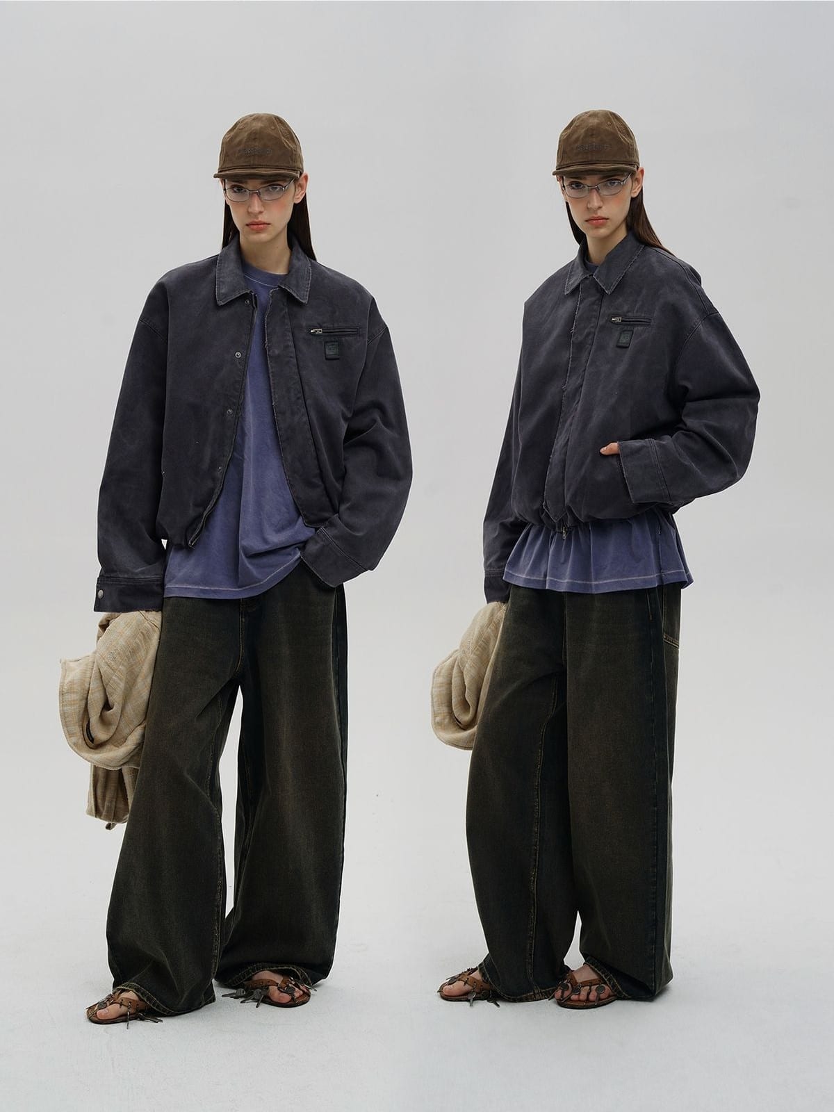 MASONPRINCE Distressed Cotton Cocoon Workwear Jacket in Charcoal - On Female Model
