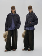 MASONPRINCE Distressed Cotton Cocoon Workwear Jacket in Charcoal - On Female Model