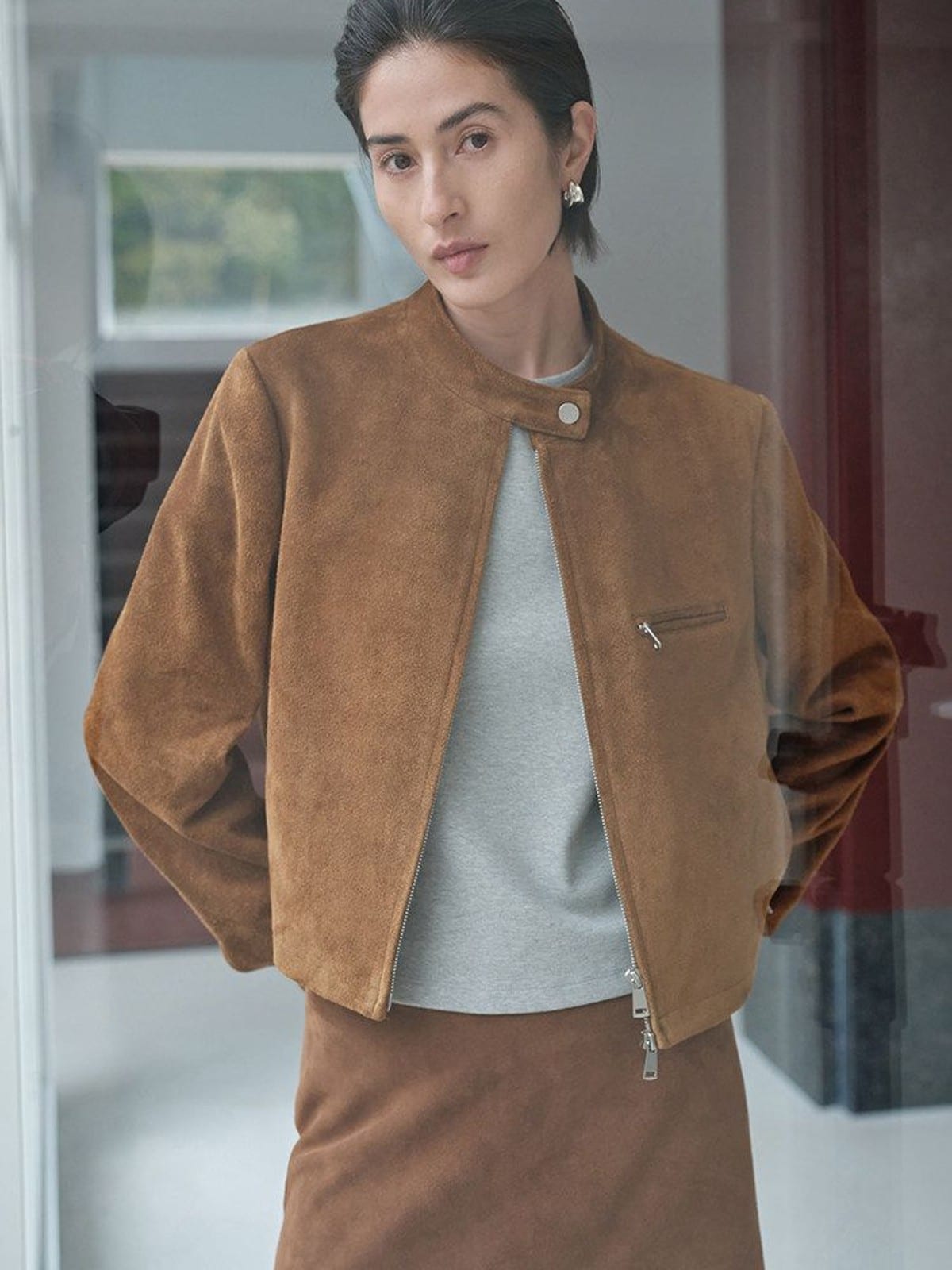 MSBEAST Suede Leather Cropped Moto Jacket in Brown - On Female Model