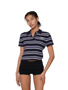 SweetChilling Textured Striped Cropped Polo in Navy Blue - On Female Model