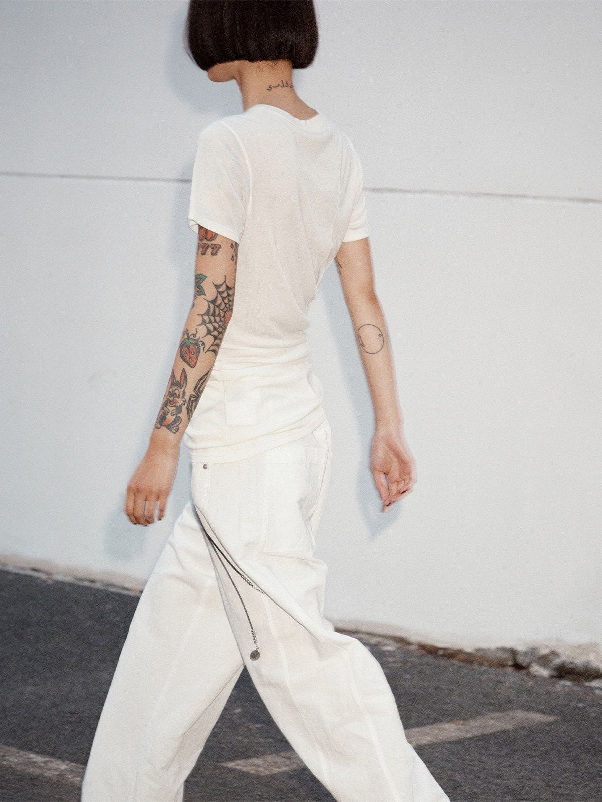 Random Piece Asymmetrical Pleated Silk Blend T Shirt in White - On Model