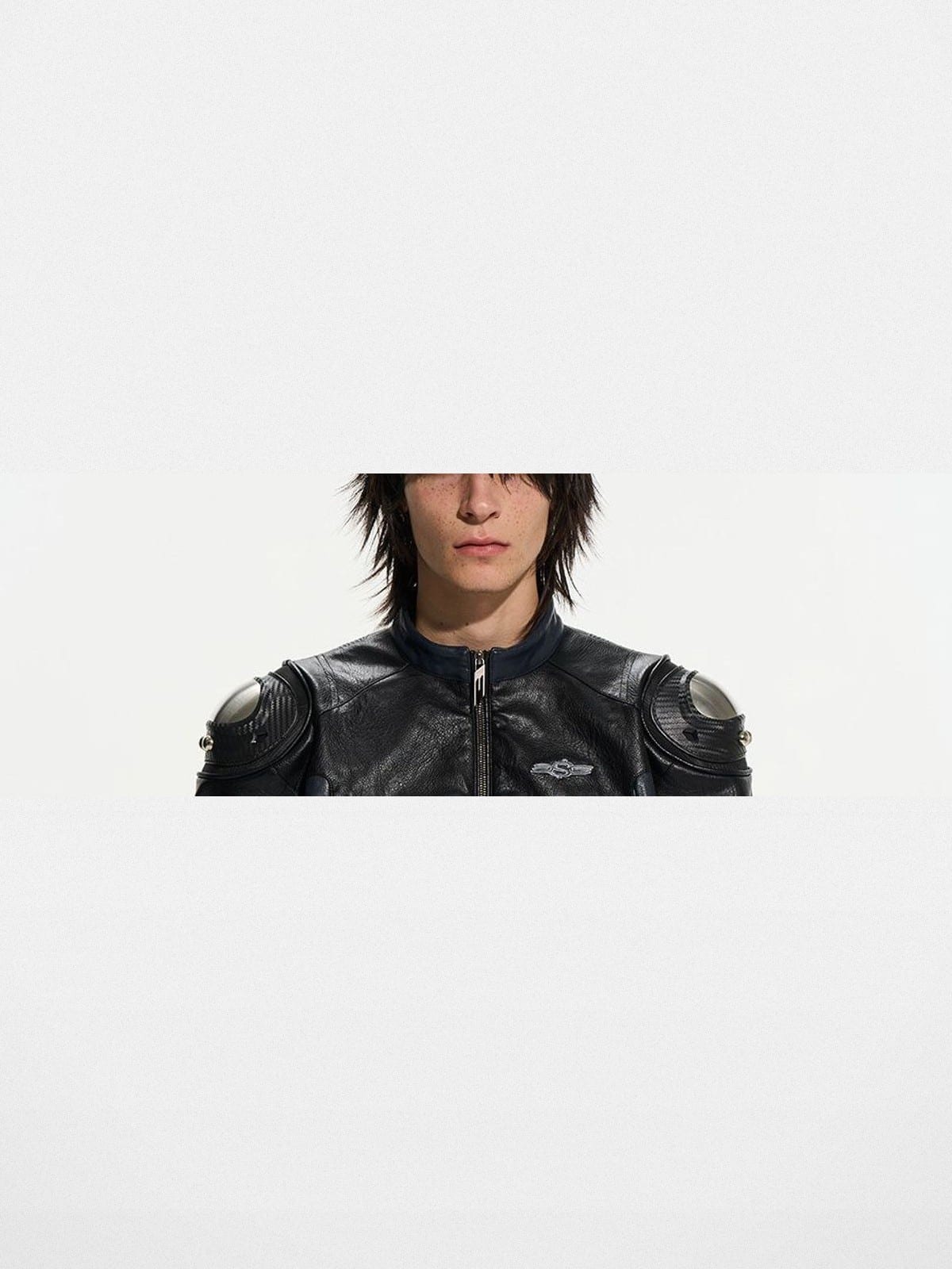 BLINDNOPLAN Cropped Paneled Faux Leather Moto Jacket in Black - On Male Model