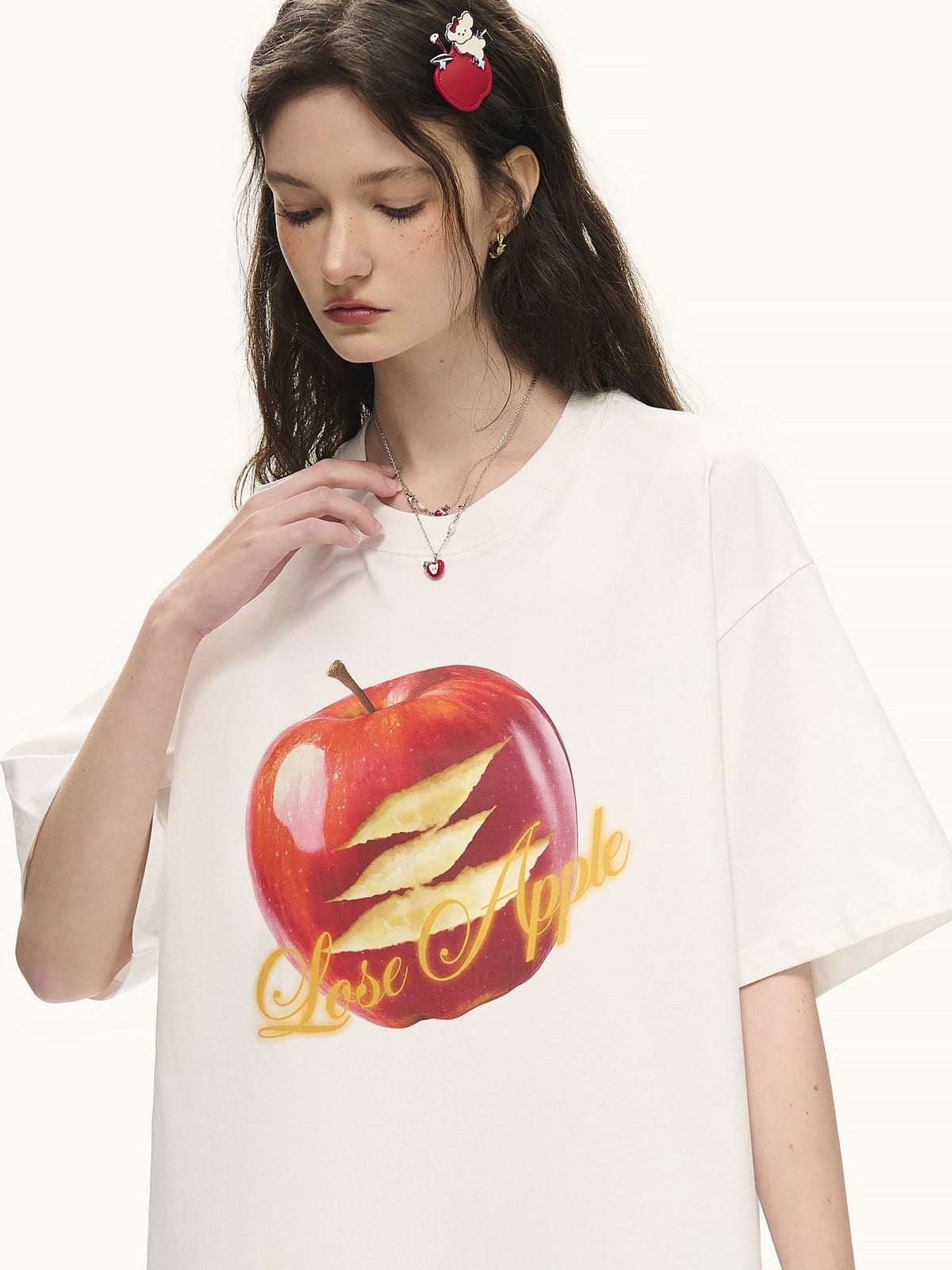 LOSTCTRL Apple Graphic Print T Shirt in White - On Female Model