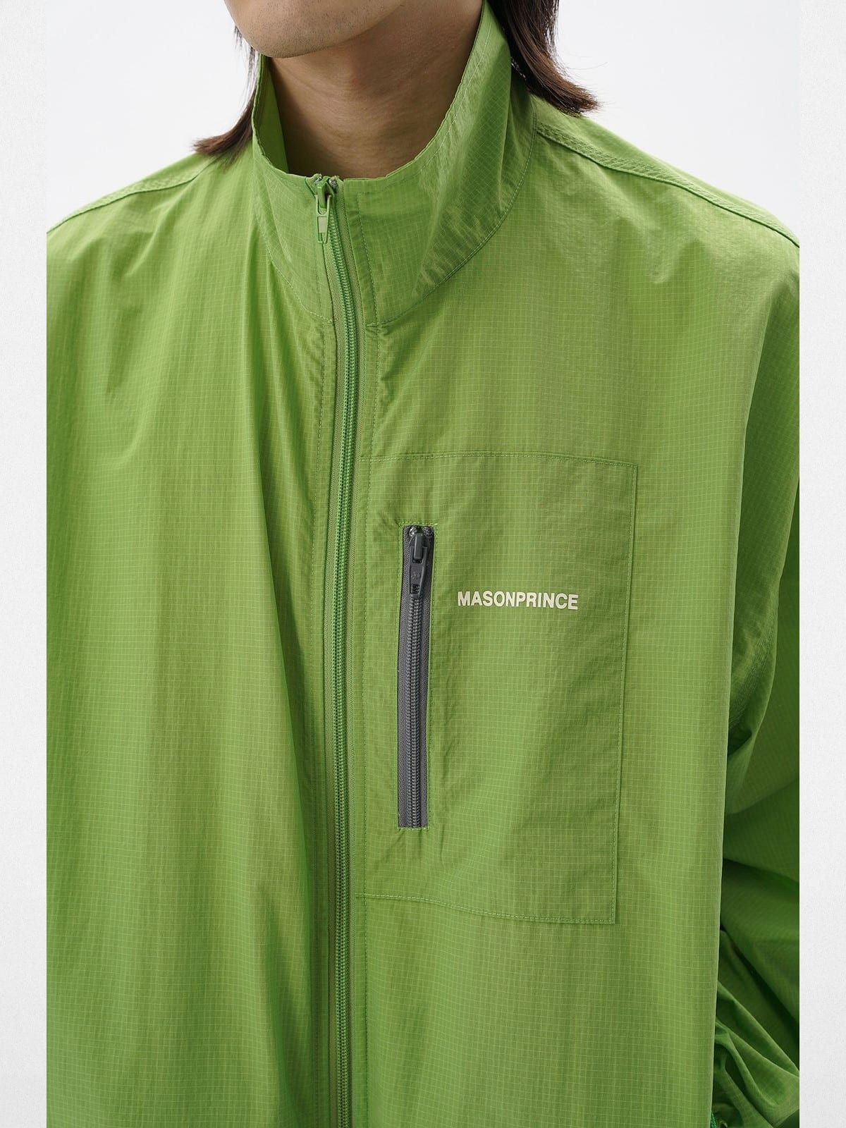 MASONPRINCE Lightweight Tonal Check Nylon Jacket in Green - On Male Model
