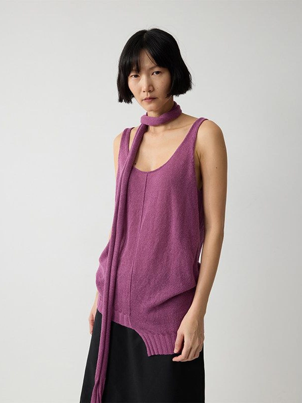 Random Piece Alpaca Blend Scarf Tie Knit Vest in Purple - On Female Model