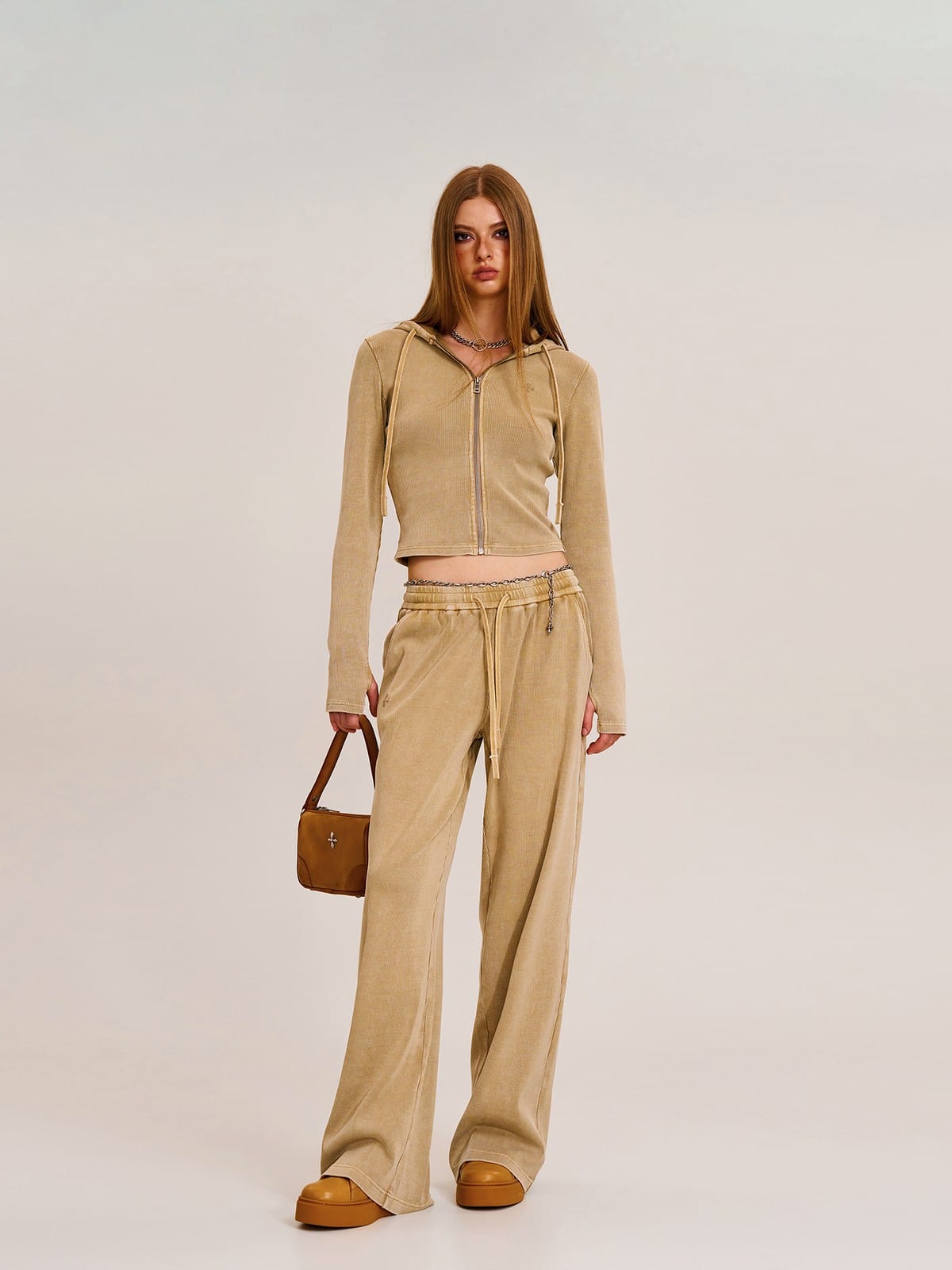 SMFK Washed Ribbed Zip Up Hoodie in Beige - On Female Model