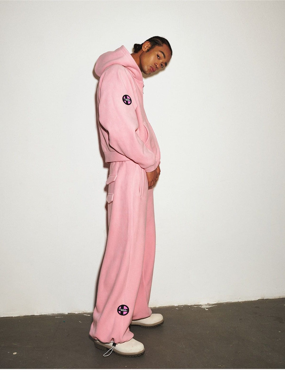MEDM Fleece Zip Hoodie Drawstring Pants Set in Pink - On Male Model
