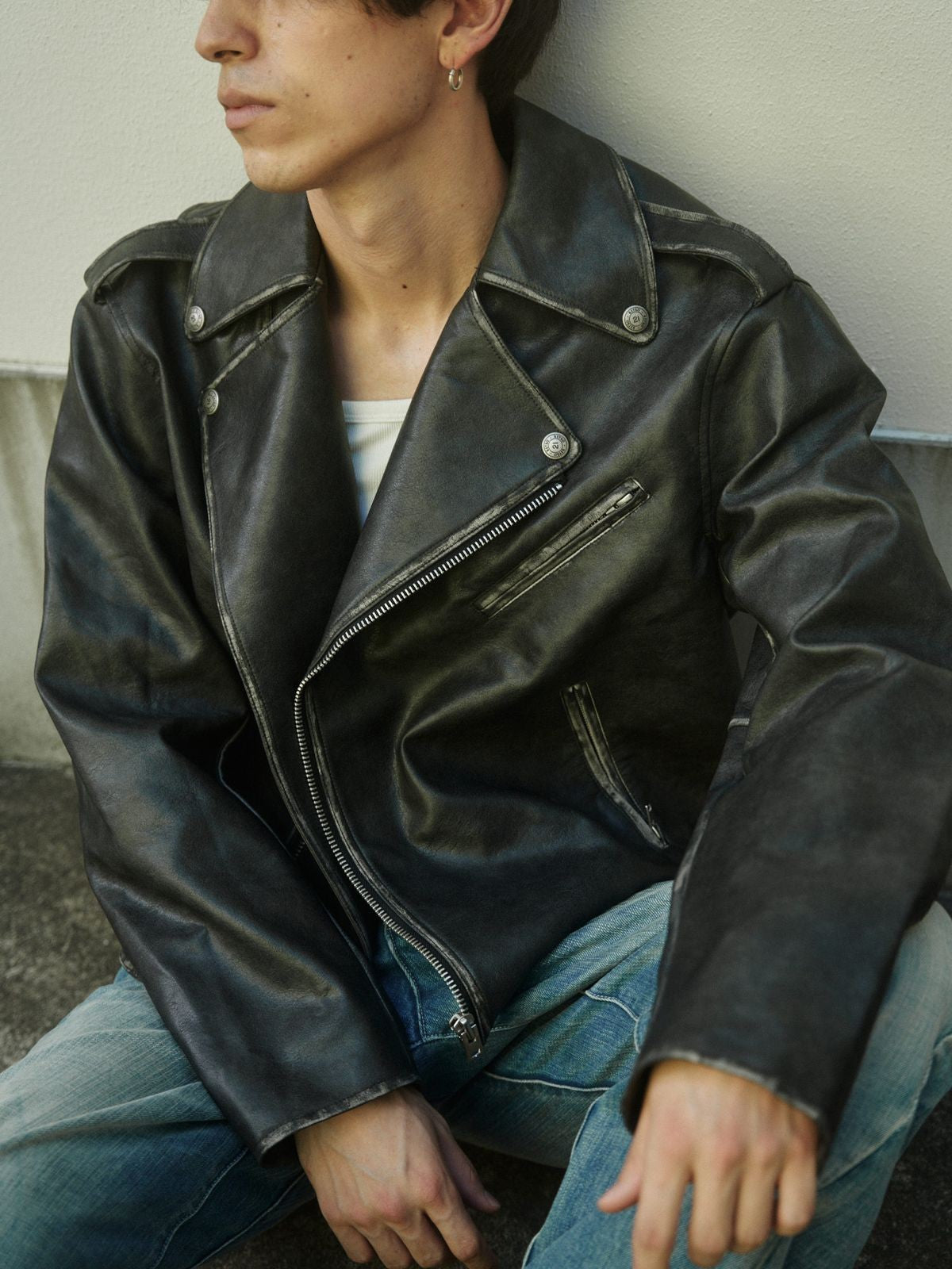 Retro 21 Distressed Faux Leather Biker Jacket in Black - On Male Model