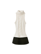 SweetChilling Paneled Cable Knit Turtleneck Dress in White