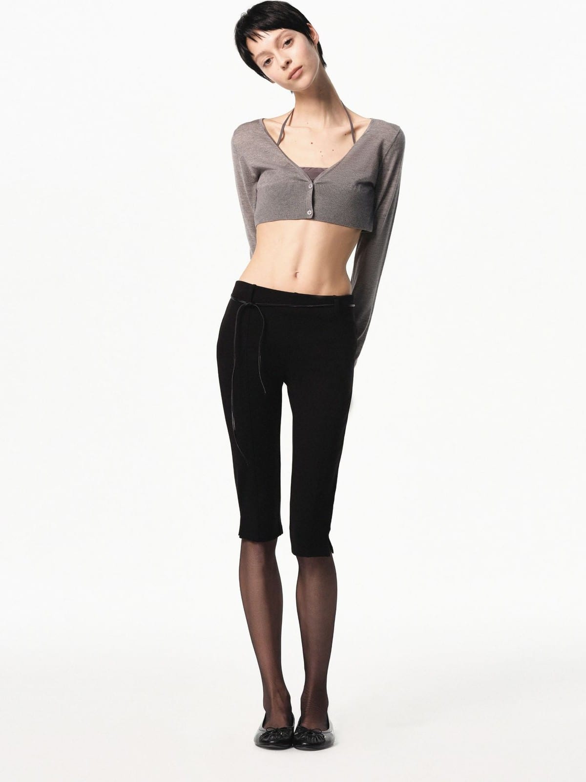 RARELY ALIKE Silk Wool Cropped V Neck Cardigan in Gray - On Female Model