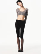 RARELY ALIKE Silk Wool Cropped V Neck Cardigan in Gray - On Female Model