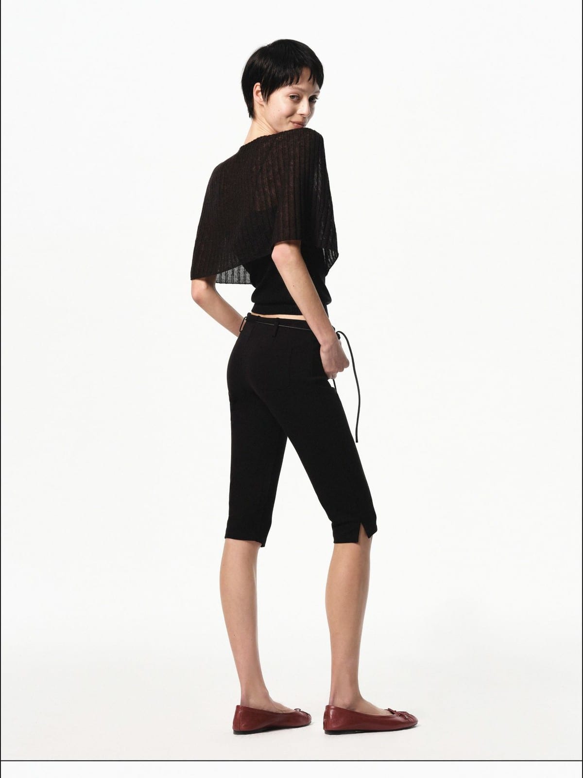 RARELY ALIKE Sheer Knit Cape Camisole Set in Black - On Female Model
