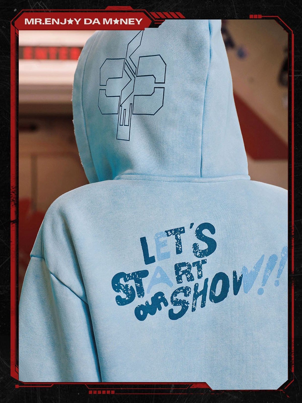 MEDM Evangelion Distressed Zip Up Hoodie in Sky Blue - On Model