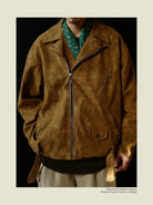 USAGE Distressed Faux Suede Moto Jacket in Brown - On Male Model