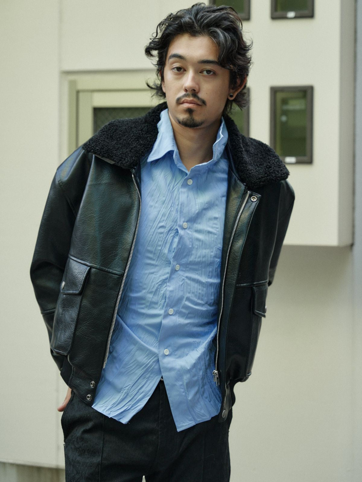 Retro 21 Faux Leather Biker Jacket with Fur Collar in Black - On Male Model