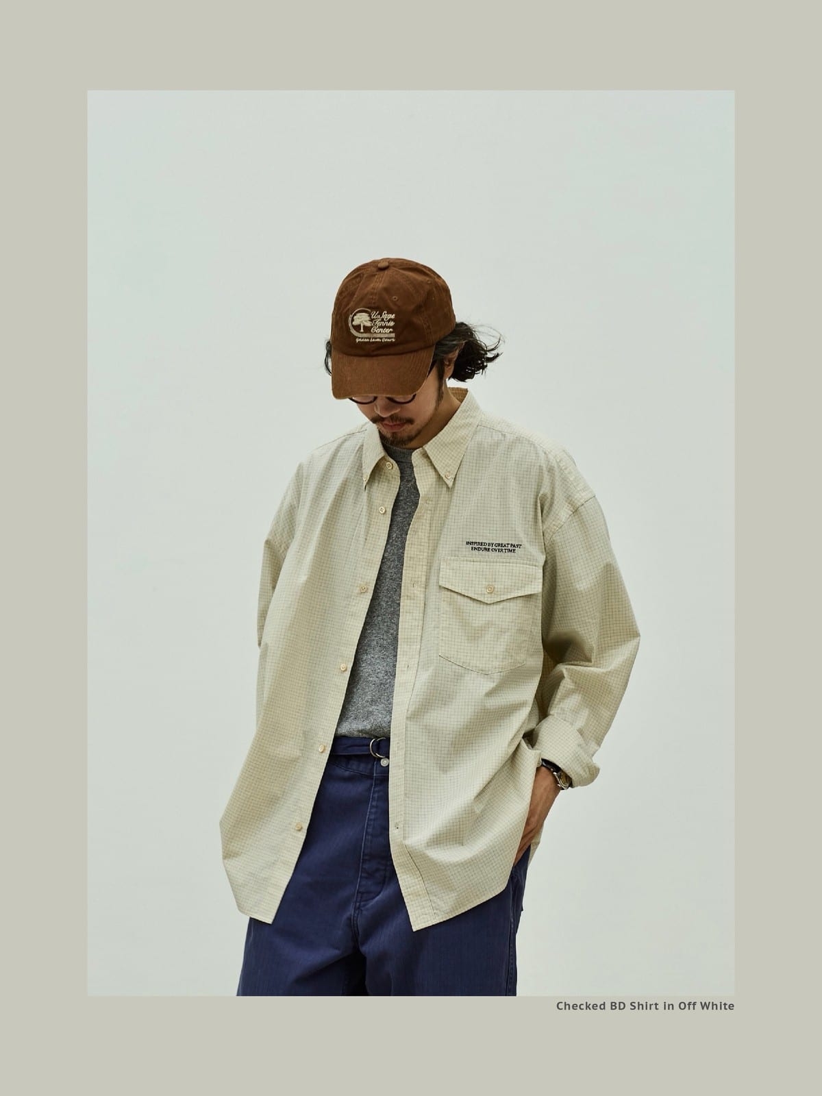 USAGE Oversized Micro Check Button Down Shirt in Cream - On Male Model