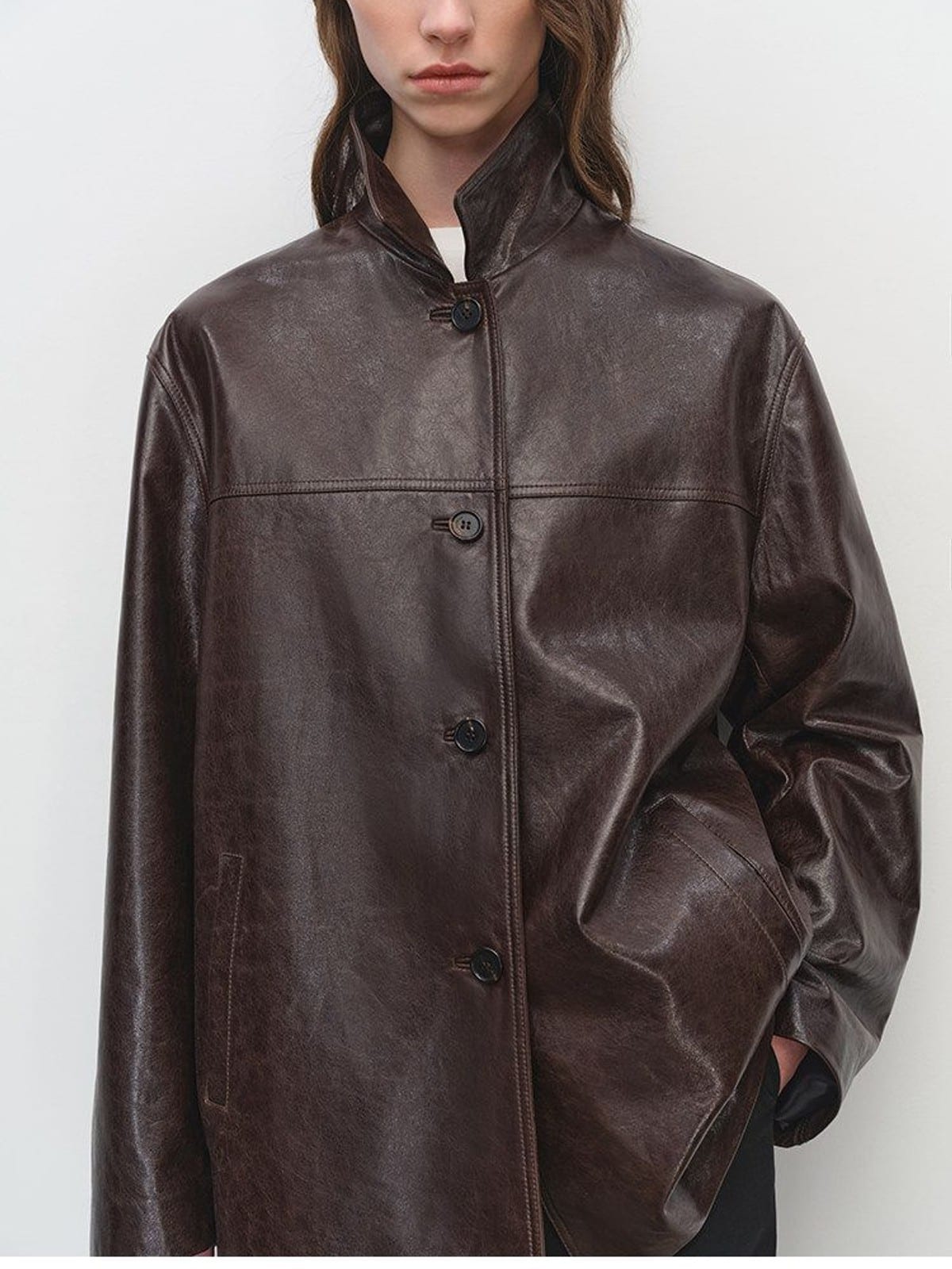 MSBEAST Oversized Lapel Sheepskin Jacket in Brown - On Female Model
