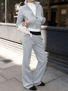 RARELY ALIKE Stand Collar Cotton Zip Up Jacket in Gray - On Female Model
