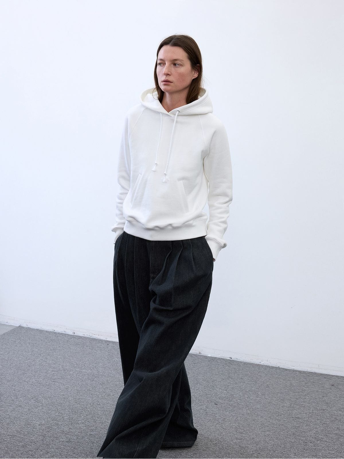 Random Piece Cotton Lyocell Cropped Hoodie in White - On Female Model