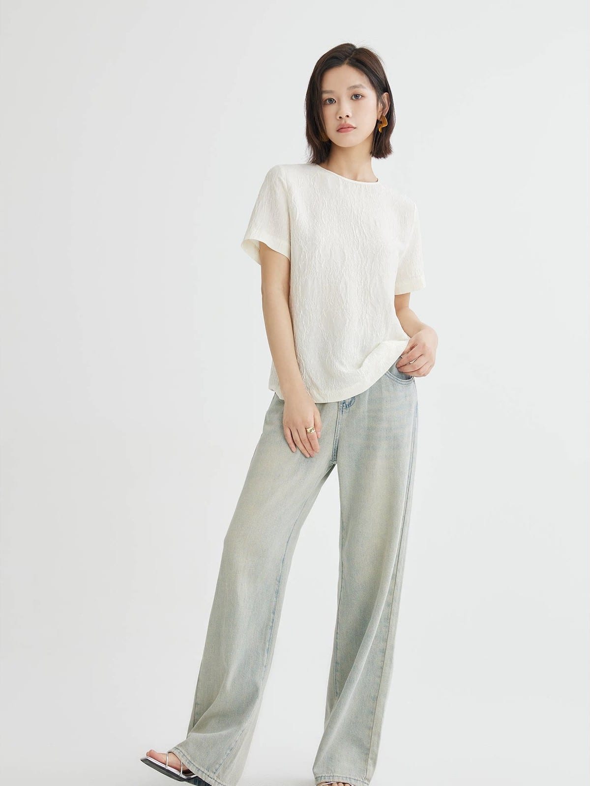 TEASEL Silk Blend Jacquard Top Pants Set in White - On Female Model