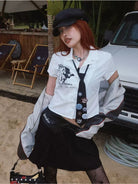 BeerBro Preppy Graphic Badge Necktie in Navy Blue - On Female Model