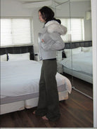 RARELY ALIKE Asymmetrical Faux Fur Trim Padded Jacket in Gray - On Female Model