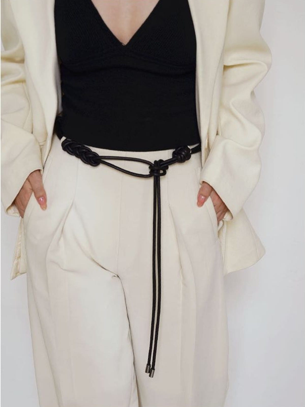 PANLULUPAN Braided Faux Leather Tie Belt in Brown - On Female Model