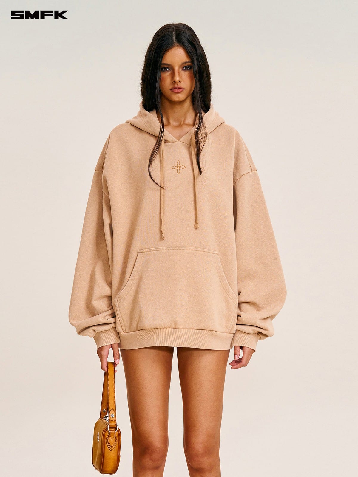 SMFK Vintage Camouflage Cotton Hoodie in Beige - On Female Model