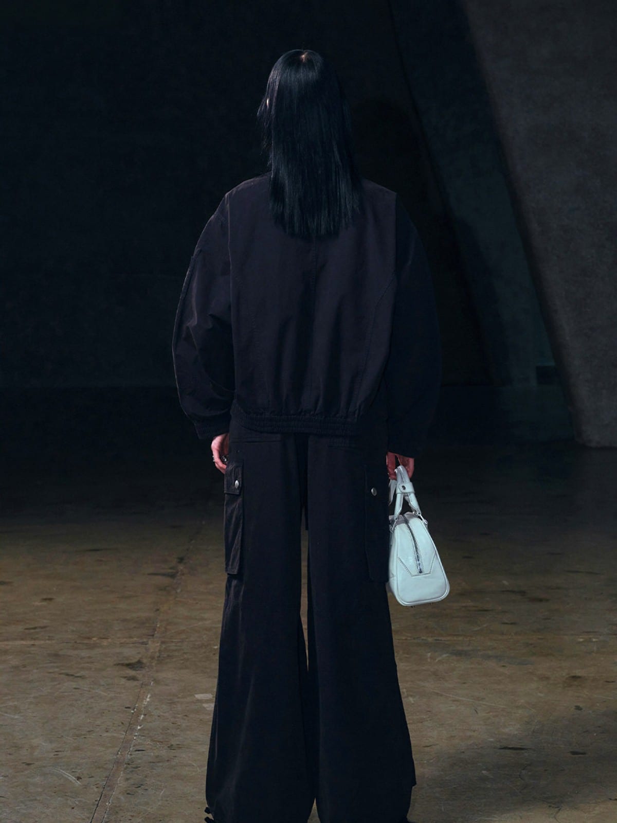SMFK Garment Dyed Cargo Parachute Pants in Black - On Model