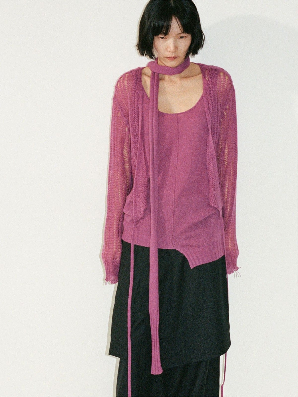 Random Piece Alpaca Blend Pointelle Tie Front Cardigan in Purple - On Female Model