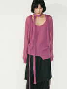 Random Piece Alpaca Blend Pointelle Tie Front Cardigan in Purple - On Female Model