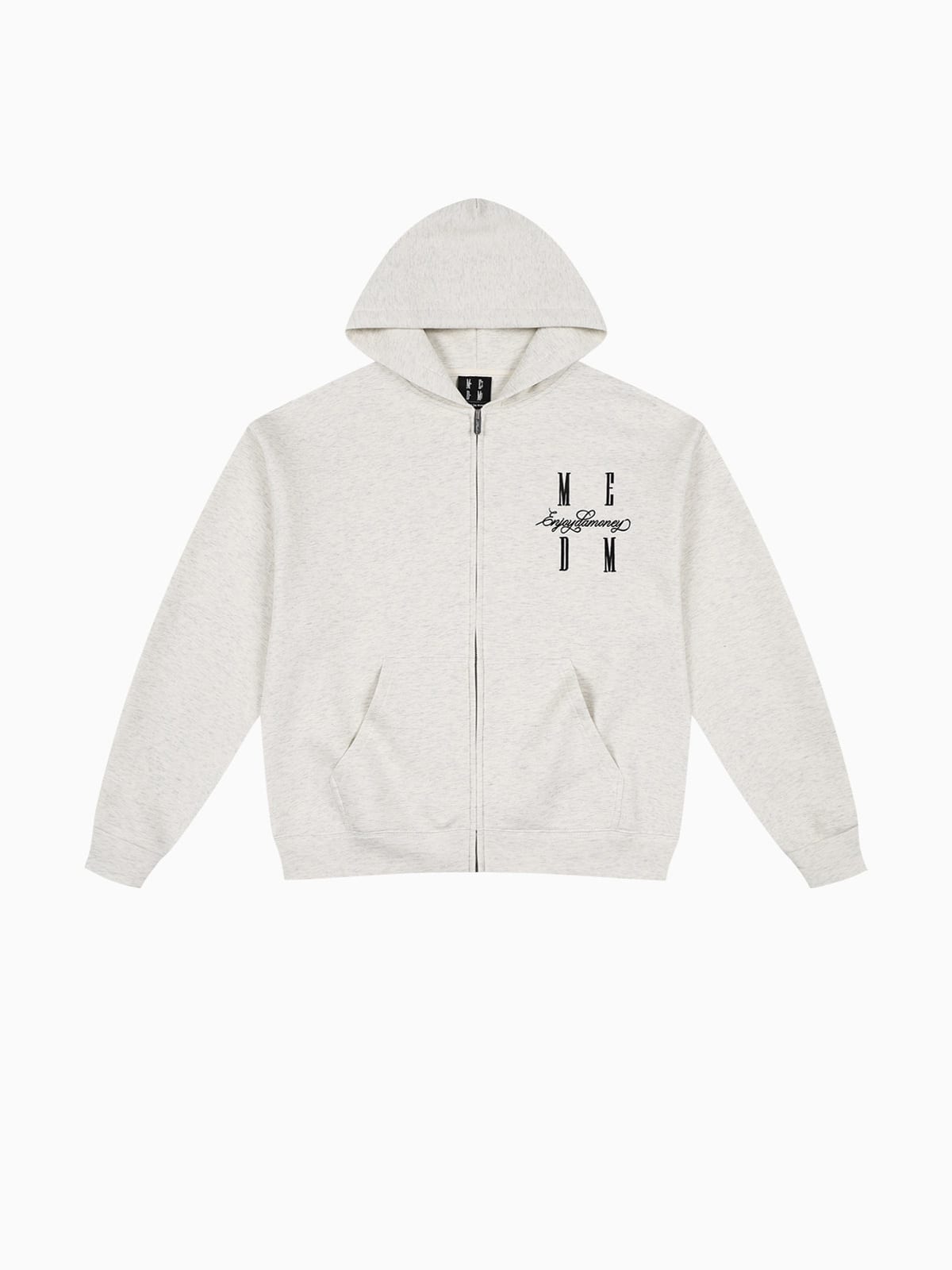 MEDM Embroidered Cotton Blend Zip Up Hoodie in Beige