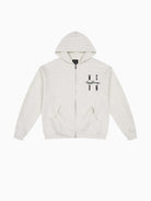 MEDM Embroidered Cotton Blend Zip Up Hoodie in Beige