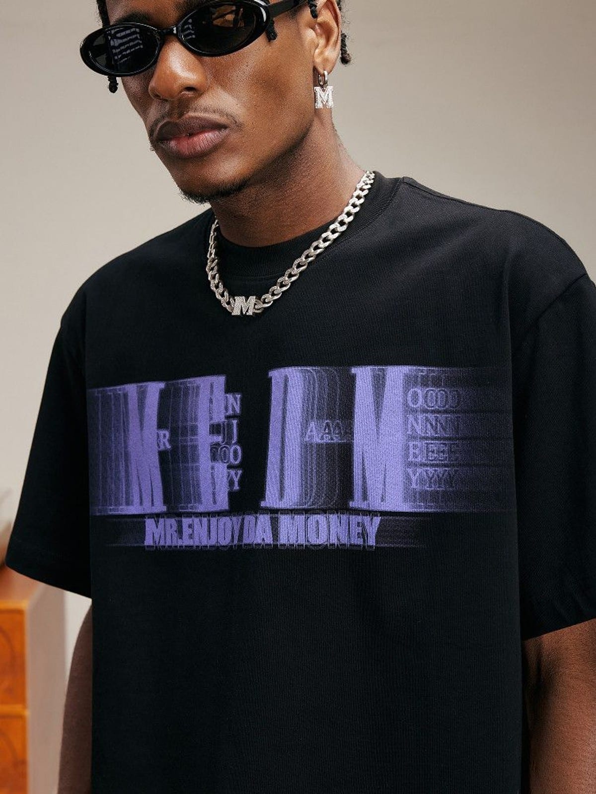 MEDM Glitch Logo Graphic Cotton T Shirt in Purple - On Male Model