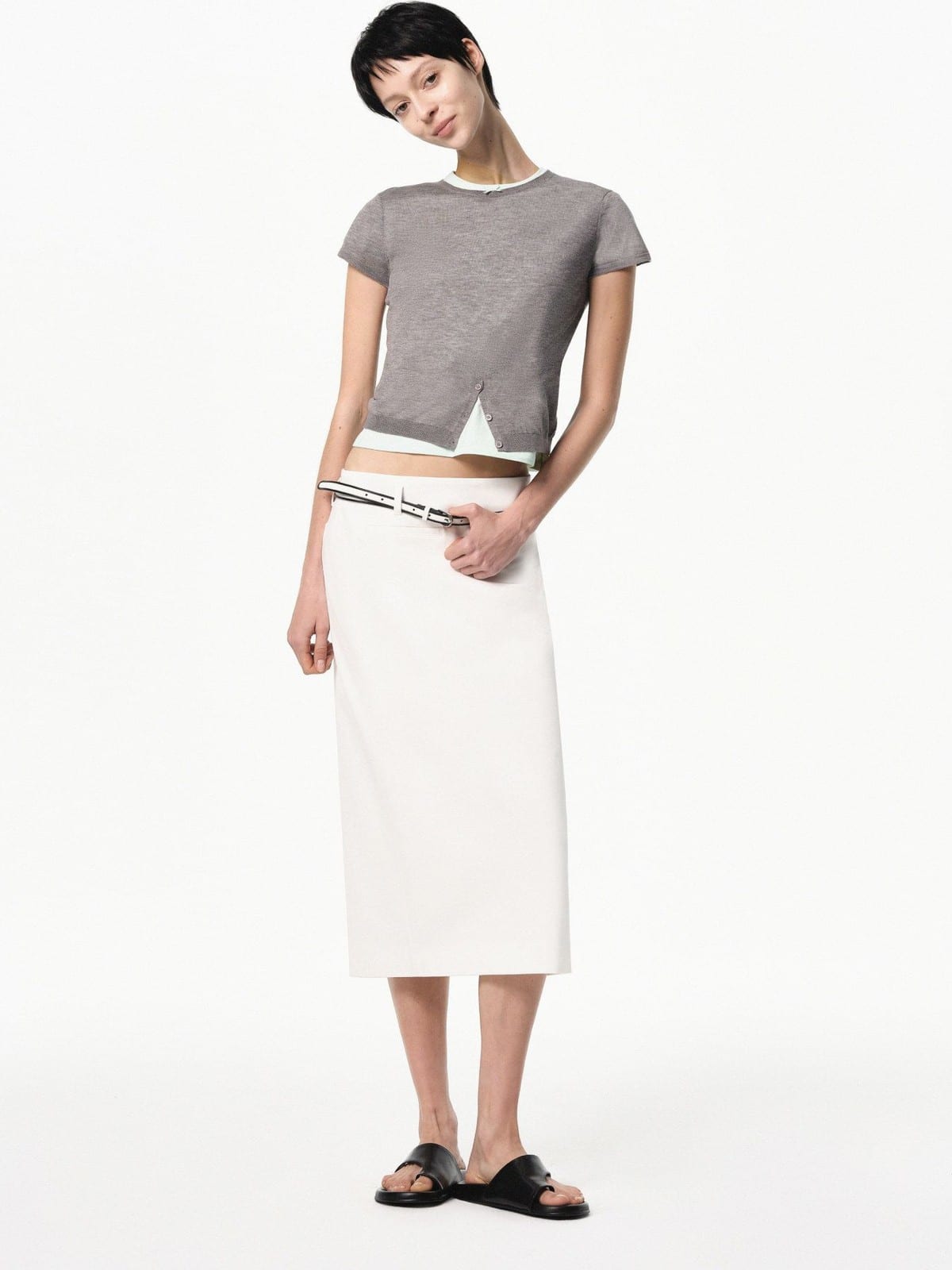 RARELY ALIKE Half Placket Silk Wool Knit Top in Gray - On Female Model